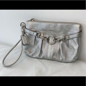 Coach - Silver Metallic Pleated Wristlet Purse - w/ metal detailing